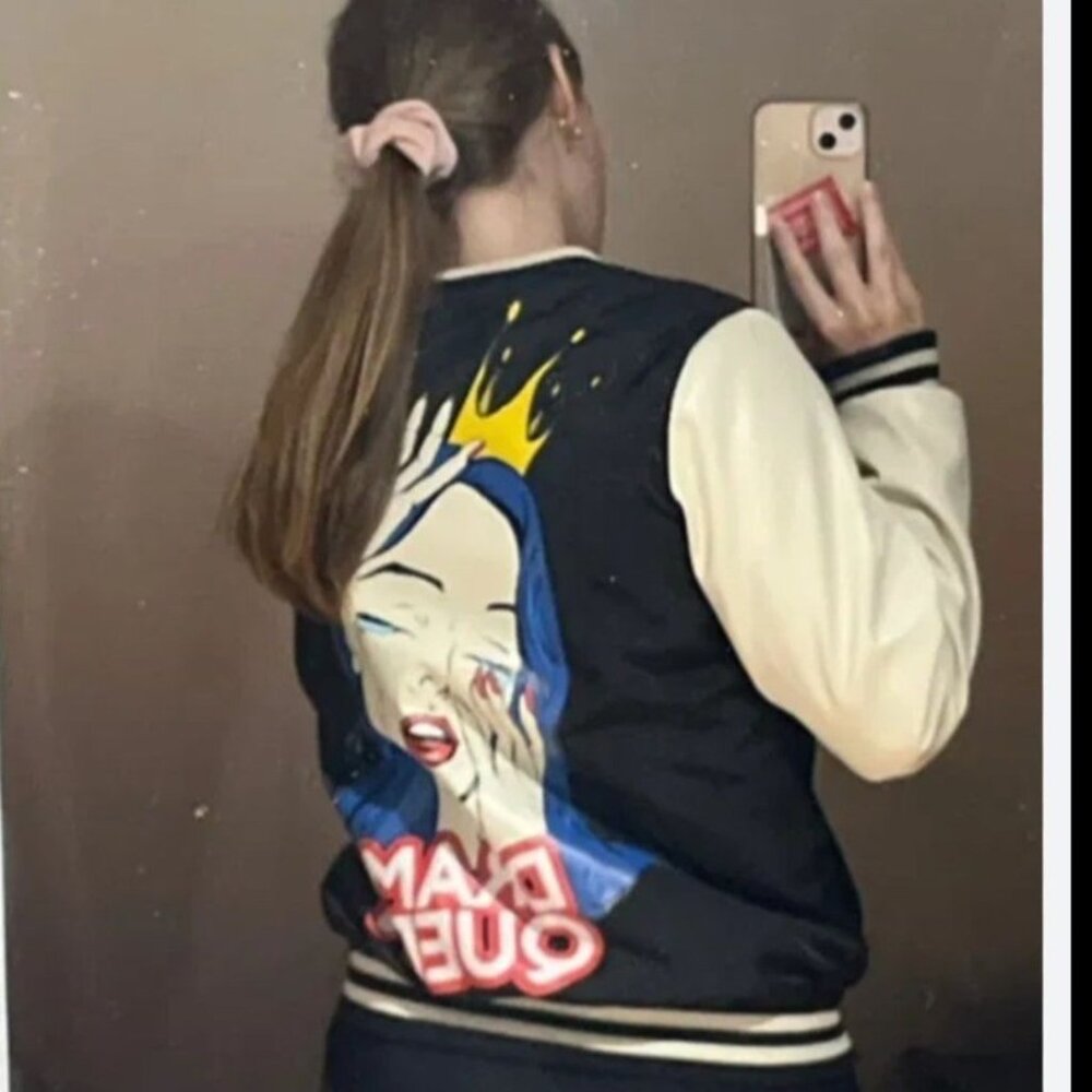House Brand "Eco Aware" black&white Bomber Jacket XS "Drama Queen" Pop Art